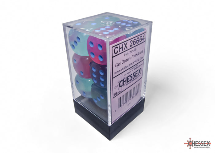 Chessex Gemini Gel Green-Pink/blue Luminary 16mm d6 Dice Block (12 dice)