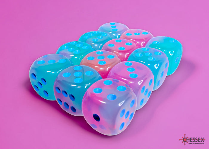 Chessex Gemini Gel Green-Pink/blue Luminary 16mm d6 Dice Block (12 dice)