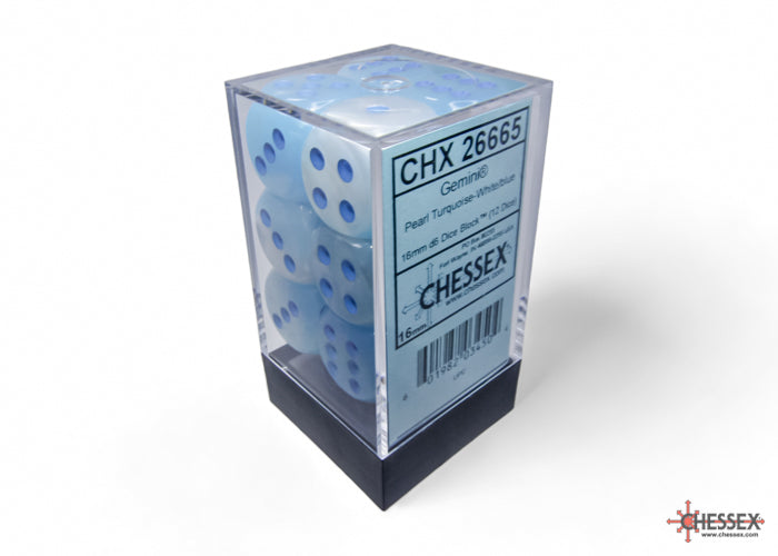 Chessex Gemini Pearl Turquoise-White/blue Luminary 16mm d6 Dice Block (12 dice)