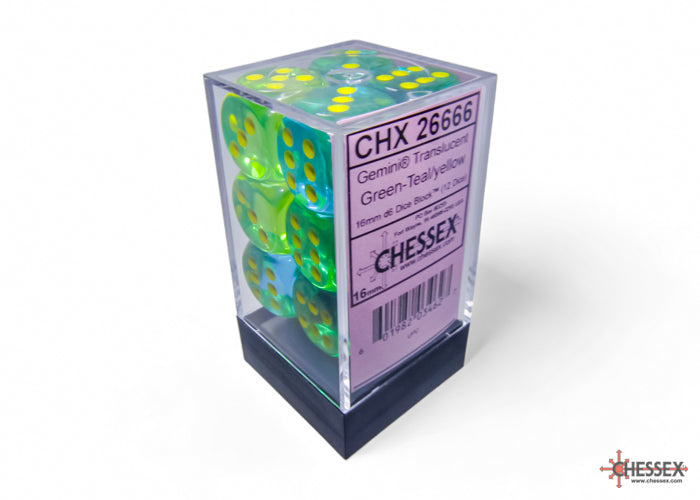 Chessex Gemini Translucent Green-Teal/yellow 16mm d6 Dice Block (12 dice)