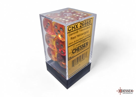 Chessex Gemini Translucent Red-Yellow/gold 16mm d6 Dice Block (12 dice)