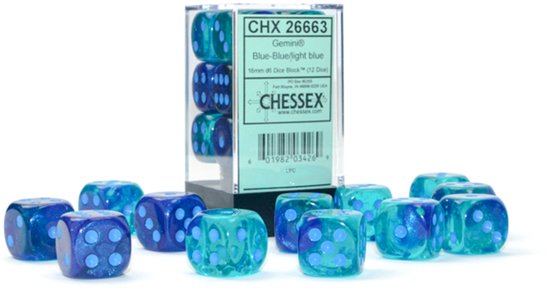 Chessex Gemini Blue-Blue/light blue Luminary 16mm d6 Dice Block (12 dice)