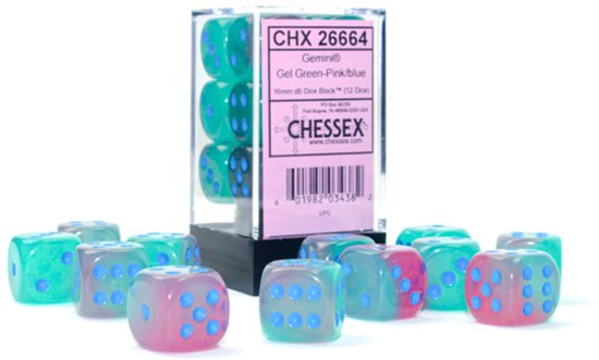 Chessex Gemini Gel Green-Pink/blue 16mm d6 Dice Block (12 dice)