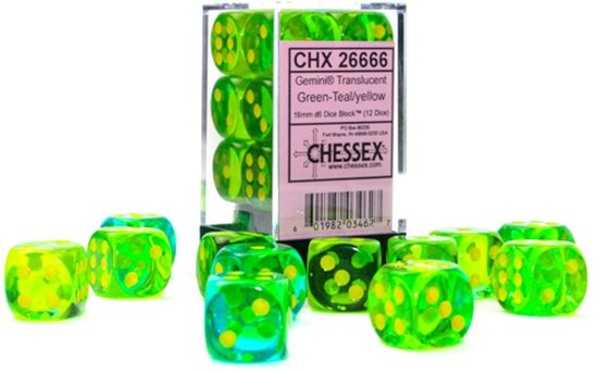 Chessex Gemini Translucent Green-Teal/yellow d6 Dice Block (12 dice)