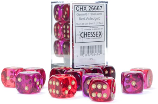Chessex Gemini Red-Violet/gold Translucent 16mm d6 Dice Block (12 dice)