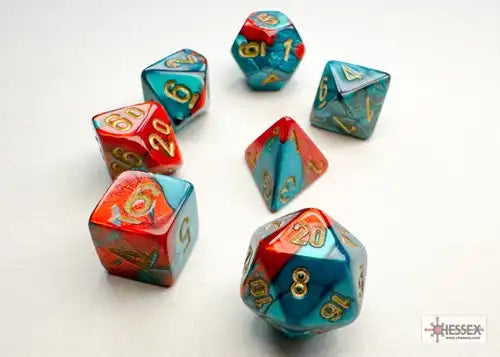 Chessex dobbelstenen set Gemini Mini-Polyhedral rood-teal/goud 7 stuks